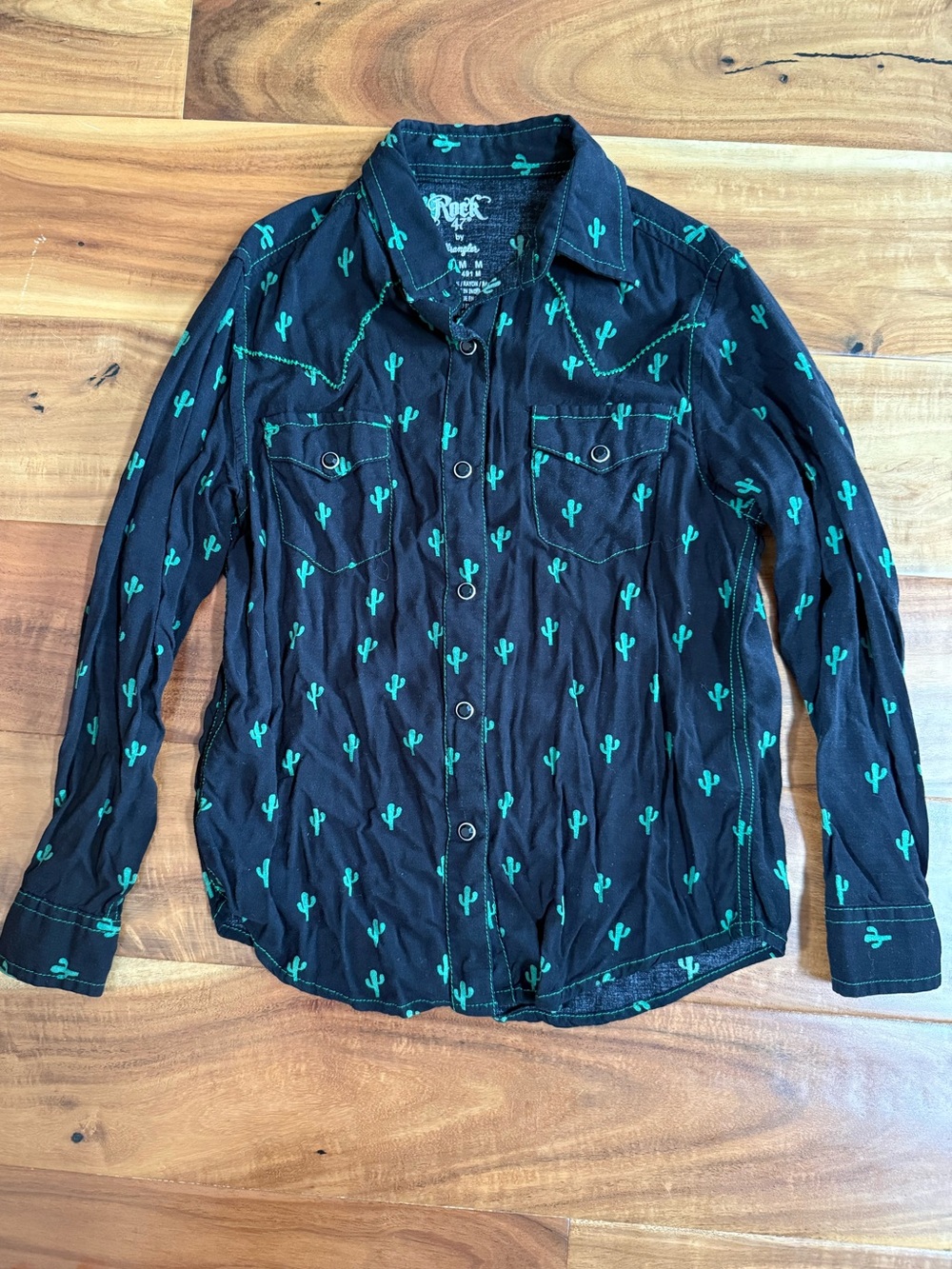 Rock 47 by Wrangler Kids Black Button-Down Shirt with Green Cactus Print